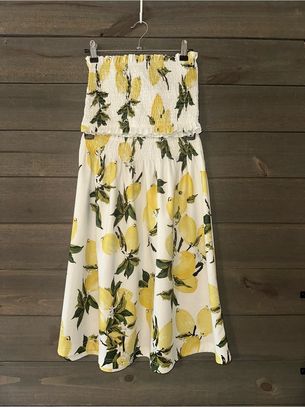 Two piece Strapless Lemon Print Smocked Midi Skirt and Top